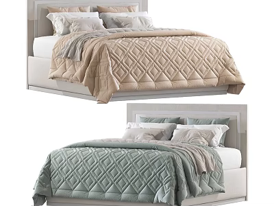 Modern Double Bed With Beige Light Green Diamond Pattern Bedding Pillows And Blankets 3d model