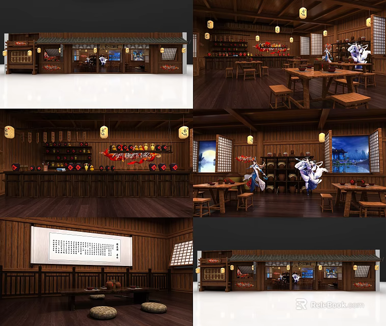 Traditional Chinese Style Restaurant Interior With Wooden Furniture Lanterns Tables Chairs And Decorative Art 3d model 
