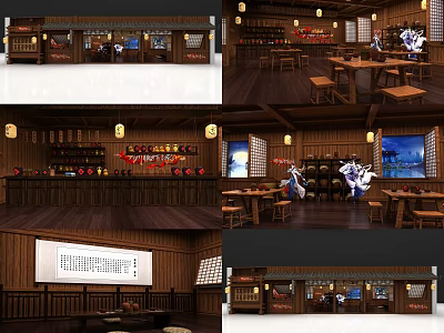 Traditional Chinese Style Restaurant Interior With Wooden Furniture Lanterns Tables Chairs And Decorative Art 3d model
