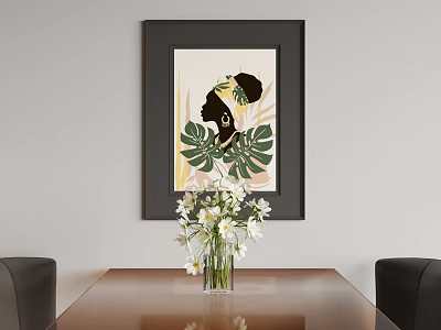 Black Framed Abstract Painting With Female Profile Silhouette And Decorative Green Leaves For Interior Decor 3d model