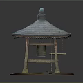 Cartoon Japanese Style Gazebo With Wooden Frame Bell And Tiled Roof On Round Base
