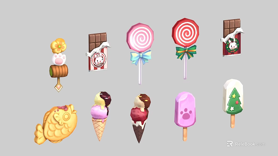Colorful Assorted Sweet Treats With Lollipops Chocolate Bars And Ice Cream Cones 3d model 