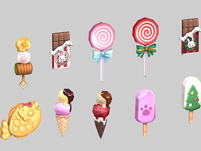 Colorful Assorted Sweet Treats With Lollipops Chocolate Bars And Ice Cream Cones 3d model