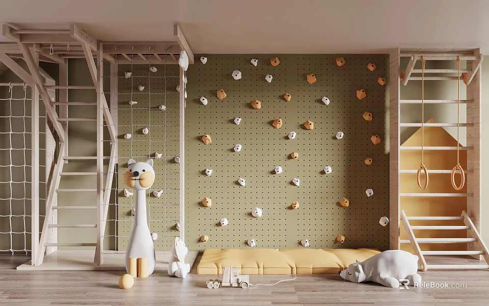 Colorful Children's Sports Equipment with Climbing Wall Rock Holds Wooden Ladder and Gym Rings 3d model 