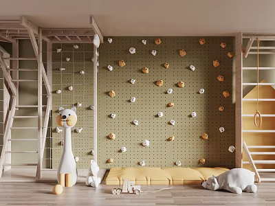 Colorful Children's Sports Equipment with Climbing Wall Rock Holds Wooden Ladder and Gym Rings 3d model