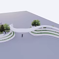 Modern Curved Entrance Gate With Trees And Low White Walls