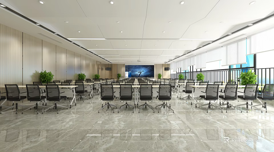 Modern Spacious Conference Room Interior With Large Screen Ergonomic Chairs And Green Plants 3d model 