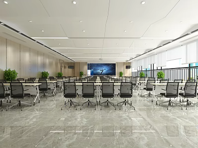 Modern Spacious Conference Room Interior With Large Screen Ergonomic Chairs And Green Plants 3d model