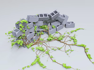 Lush Green Vines Wrapping Around Gray Bricks With Twisted Branches And Leaves 3d model