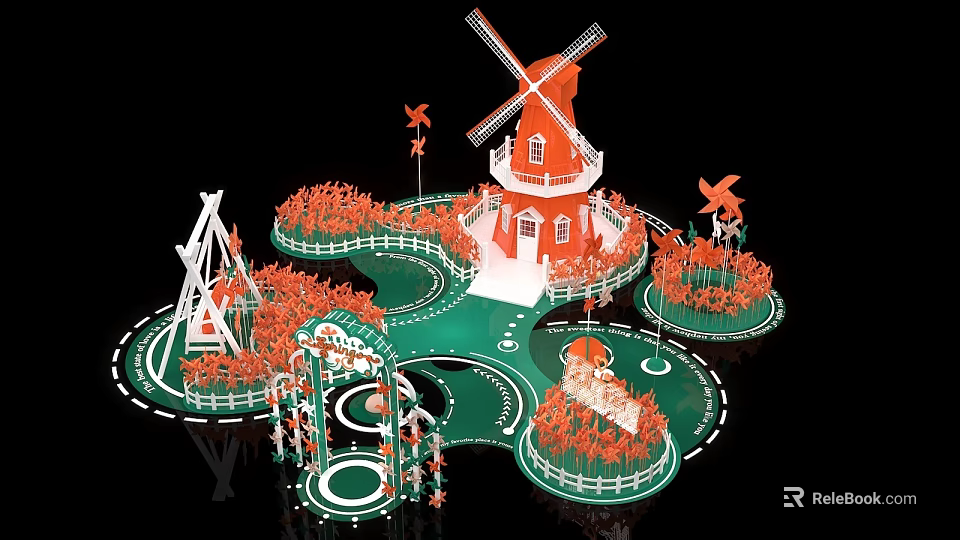 Window Display Decoration Featuring Red and White Windmill Green Ground and Orange Plants 3d model 