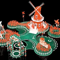 Window Display Decoration Featuring Red and White Windmill Green Ground and Orange Plants