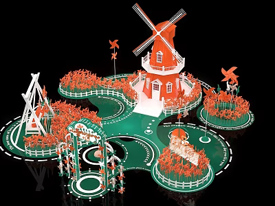 Window Display Decoration Featuring Red and White Windmill Green Ground and Orange Plants 3d model
