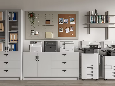 Modern Office Interior With Office Appliances Printers Scanners Filing Cabinets And Green Plants 3d model