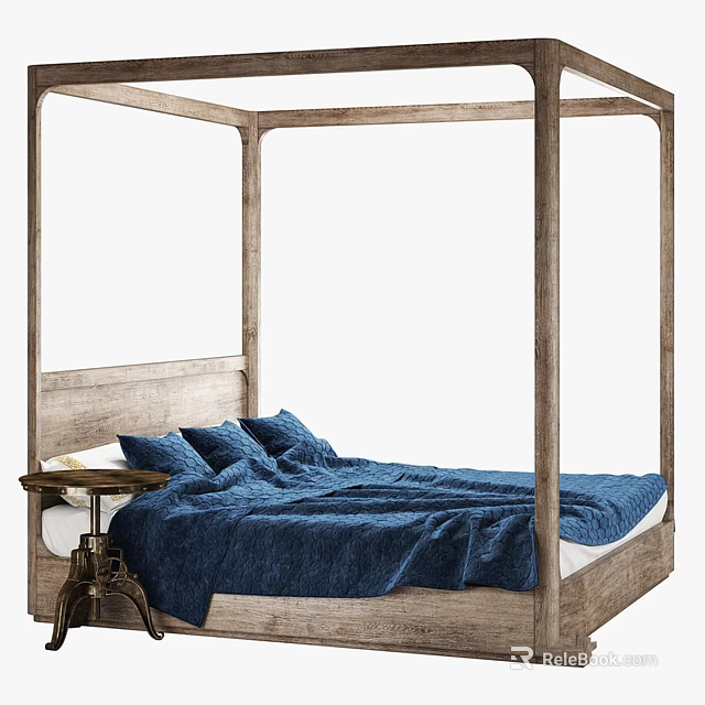 Wooden Four Poster Bed with Blue Bedding Side Table and Table Lamp 3d model 