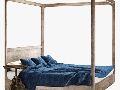 Wooden Four Poster Bed with Blue Bedding Side Table and Table Lamp 3d model