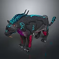Fantasy Mythical Beast With Black Purple Body Neon Blue Glowing Patterns Red Legs Fangs