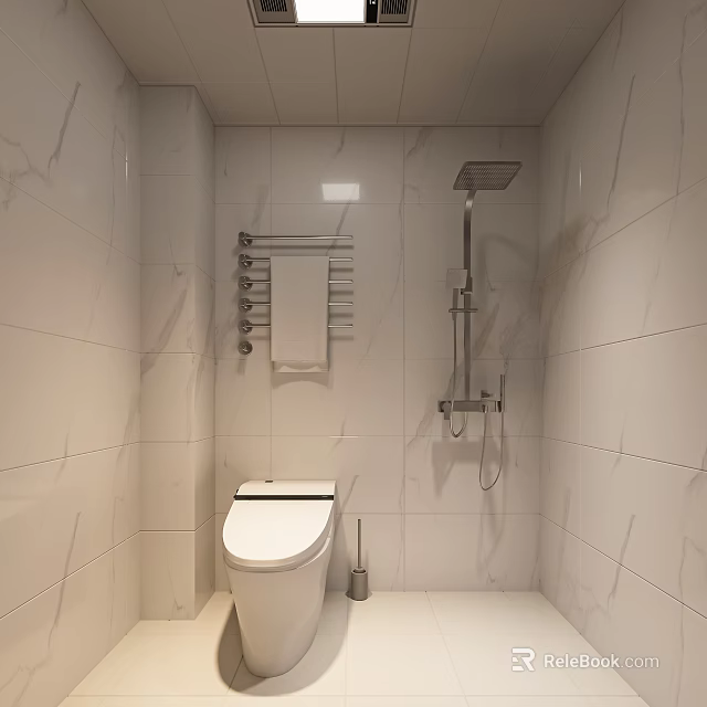 Bright Modern Bathroom Design With Smart Toilet Shower Fixtures And Marble Textured Wall Tiles 3d model 