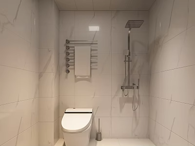 Bright Modern Bathroom Design With Smart Toilet Shower Fixtures And Marble Textured Wall Tiles 3d model