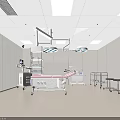 Modern Operating Room Interior With Pink Surgical Bed Lamps And Medical Equipment