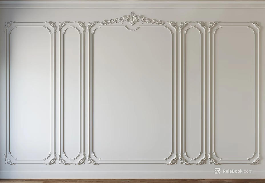 White Interior Wall With Decorative Ornate Lines And Paneled Design 3d model