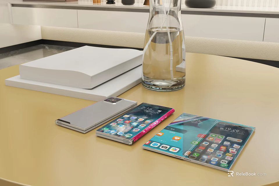 Three Modern Smartphones Showcasing Colorful App Screens On Table 3d model