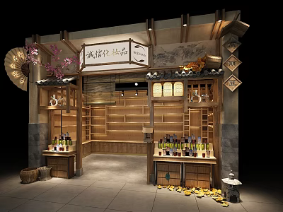 Japanese Style Specialty Store Featuring Wooden Shelves Decorative Bottles And Cherry Blossoms 3d model