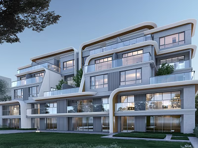 Modern Detached Villa With Multiple Floors Balconies Large Windows And Green Lawn 3d model