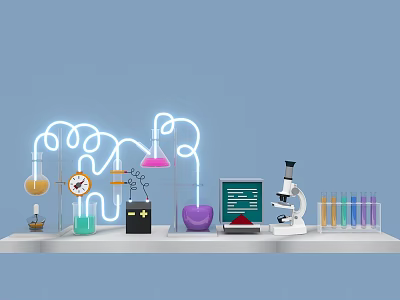 Laboratory Industrial Equipment With Microscope Beakers Test Tubes Flasks Battery Clock And Neon Lights 3d model