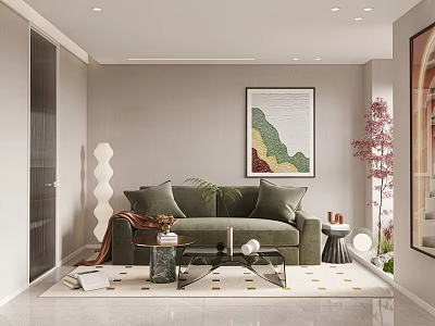 Modern Apartment Living Room With Sofa Artwork And Plants 3d model