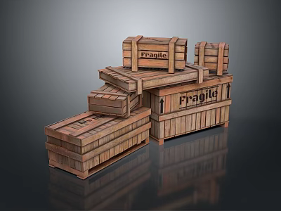 Sturdy Wooden Crates with Fragile Labels for Storing Daily Household Necessities 3d model
