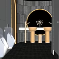 Public Restroom Interior With Urinals Sinks Circular Black Decor And Gray Walls