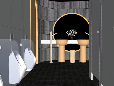 Public Restroom Interior With Urinals Sinks Circular Black Decor And Gray Walls 3d model