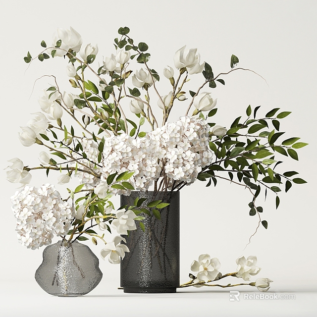 Elegant Vase Arrangement With White Hydrangea Magnolia Flowers And Fresh Green Leaves 3d model 