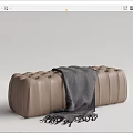 Tufted Leather Ottoman in Brown and Beige with Gray Throw Blanket