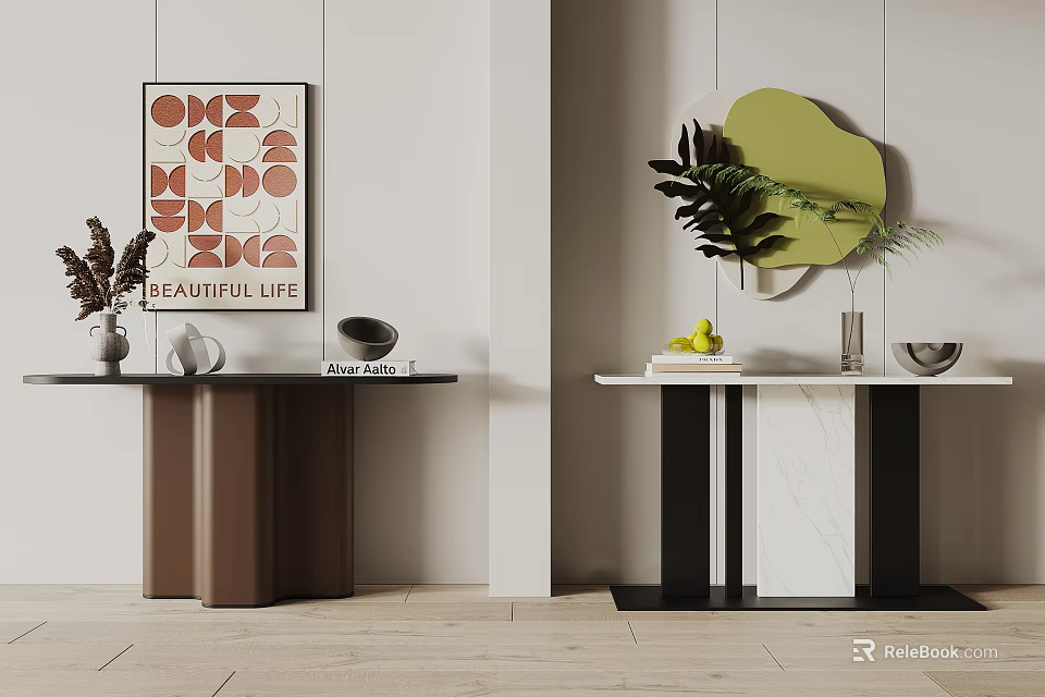 Modern Console Table With Art Print Green Leaf Decor And Ceramic Vases 3d model