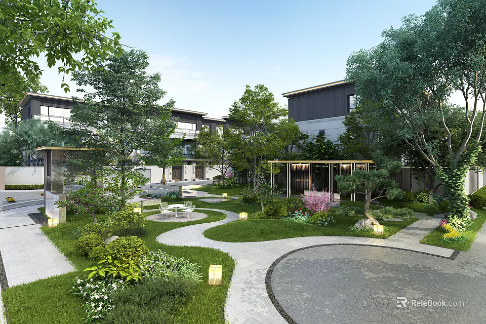 Garden Landscape with Residential Buildings Trees Green Plants Pathways Lawns and Lighting 3d model 