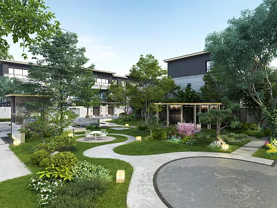 Garden Landscape with Residential Buildings Trees Green Plants Pathways Lawns and Lighting 3d model