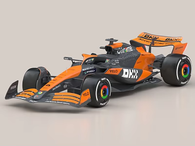 Orange and Black Formula 1 Race Car with Colorful Wheel Rims and Sponsor Logos 3d model