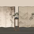 Oriental Room Divider With Bamboo Mountain Pine Tree Design And Bonsai Plant On Wooden Stand