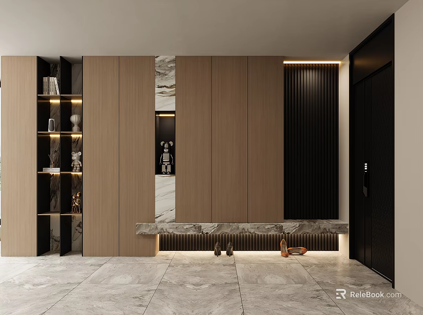 Modern Foyer Hallway Interior Design With Wooden Cabinets Marble Accents And Lighting 3d model 