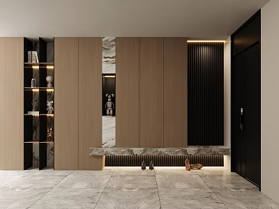 Modern Foyer Hallway Interior Design With Wooden Cabinets Marble Accents And Lighting 3d model
