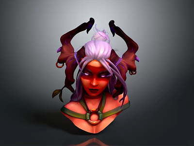Woman with Purple Hair Red Skin and Horns Wearing Ornate Necklace and Wing Decorations 3d model