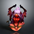 Woman with Purple Hair Red Skin and Horns Wearing Ornate Necklace and Wing Decorations