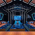 Modern KTV Lounge Interior With Blue Lighting Party Theme Large Screens And Comfortable Sofas