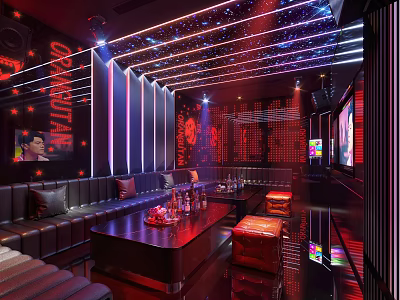 Modern KTV Interior With Red Lighting Sofas Bar Counter TV Screens And Decorative Lights 3d model