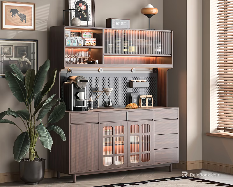 Modern Dark Wood Sideboard With Glass Doors Coffee Machine And Green Plant By Window Blinds 3d model 