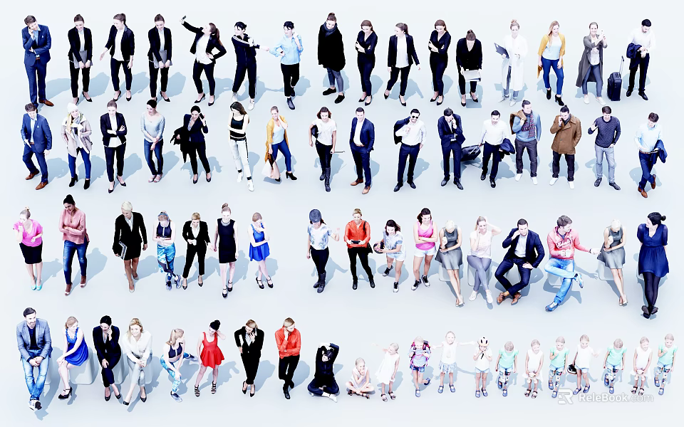 Group of People in Various Poses and Different Outfits on White Background 3d model 