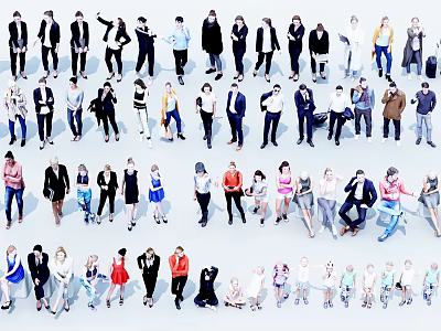 Group of People in Various Poses and Different Outfits on White Background 3d model
