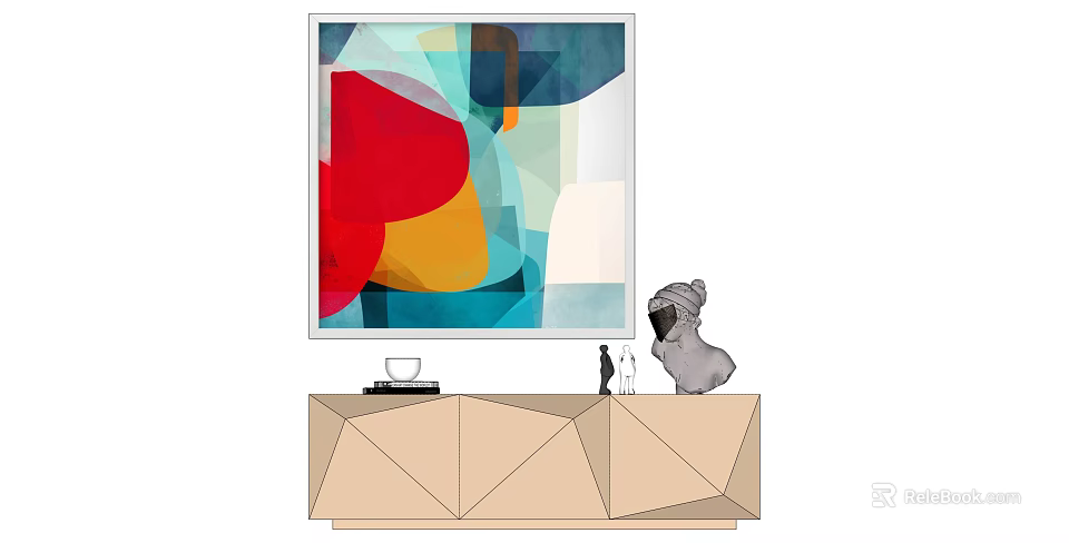Modern Interior With Abstract Painting Geometric TV Stand And Decorative Figurine 3d model 