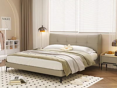 Modern Double Bed Interior With Light Beige Headboard Soft Bedding Nightstand Lamp And Patterned Rug 3d model